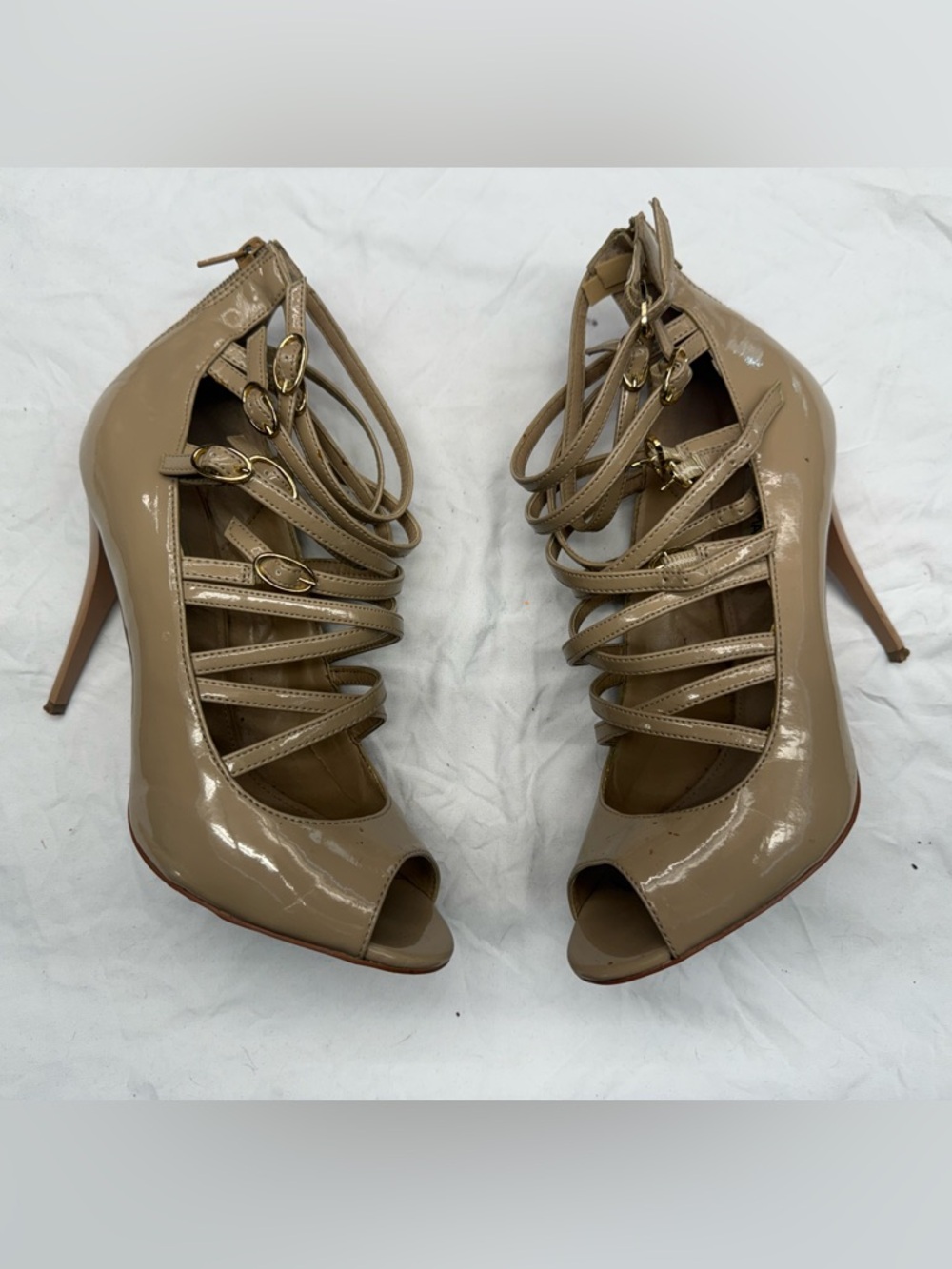 Steve Madden Beige Patent Strappy Peep-Toe High Heels